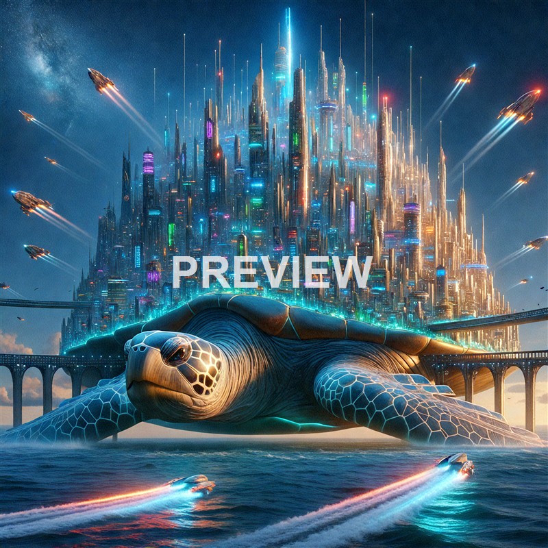 A massive futuristic city with tall, brightly lit skyscrapers, flying vehicles, and a giant sea turtle with a cityscape on its back emerging from the water at sunset.